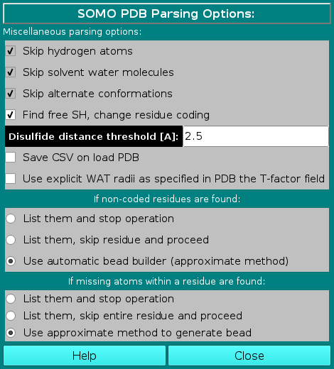 SOMO PDB Parsing Options Screen