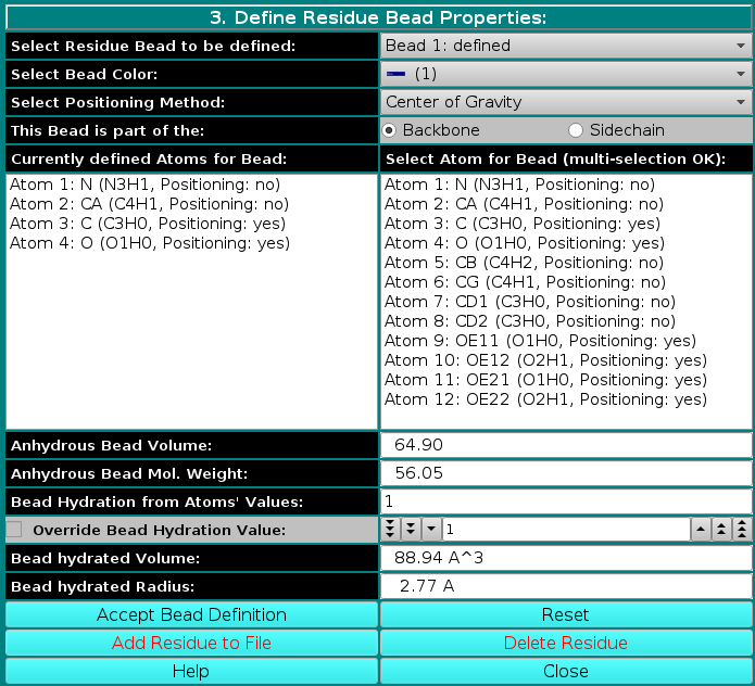 Define Residue Bead Properties