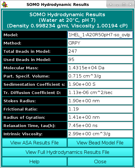 SOMO Hydrodynamic calculations results pop-up window